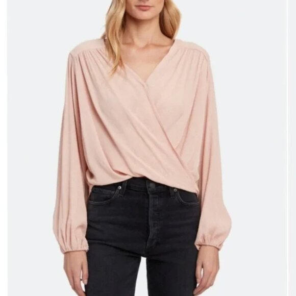 Free People Sz L Blush Pink Peach Check On It Wrap Top Blouse Long Sleeve Flowy - Picture 1 of 6